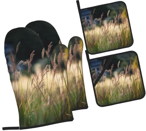 Gräser-Ansicht Ofenhandschuhe und Topflappen Set Hitzebeständige Ofenhandschuhe und Topflappen BBQ Handschuhe Hot Pads Kochhandschuhe für Küche Backen Grillen 4-teiliges Set