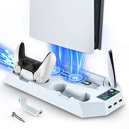 PS5 Stand with Cooling Fan and Charger, PS5 Digital Stand with Cooling Fan, PS-5 Horizontal Cool S-tand Disc Edition with 3 Extra USB Ports, PS-5 Accessory, Low Noise, 3 Gear Adjustable Wind Speed.