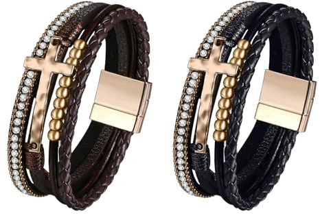 JewelryWe Lederarmband Damen Lebensbaum Kreuz: Wickelarmband Vintage Boho Baum des Lebens Kreuz Strass Kugel Perlen Mehrreihig Leder Geflochten Armband Armreif mit Magnetverschluss