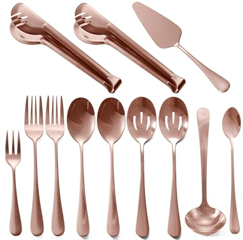 Dnalrhoi Rotgoldenes Servierutensilien-Set, 12-teilig, Kupfer, Edelstahl, Besteck-Set, inklusive Servierlöffel, Schlitzlöffel, Serviergabeln, Suppenkelle, Servierzange, Tortenheber für Buffet-Partys