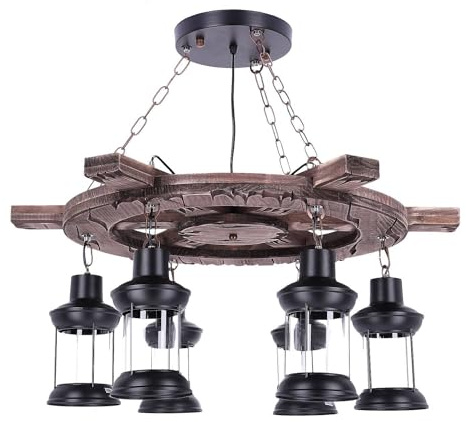 TIBU Hängelampe aus Holz Vintage Lampe Ruder Wohnzimmer E27 höhenverstellbar 6 flammig