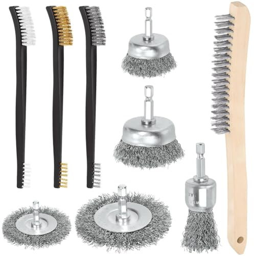 Lot de 9 brosses métalliques - Brosse de roue métallique - Embout de perceuse comme sur la photo - Avec tige hexagonale 1/4 - Pour enlever la peinture, la soudure, le nettoyage de la rouille