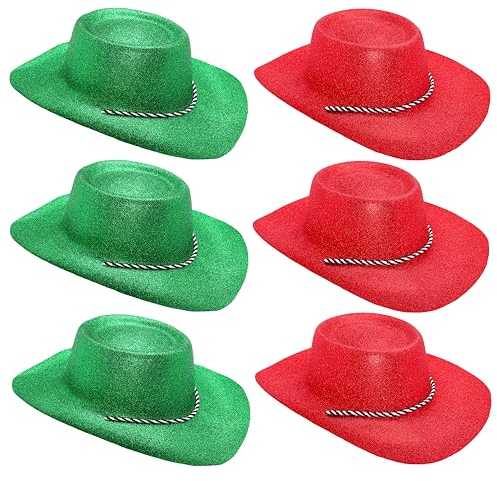 Toyland® 6er-Pack glitzernde Cowboyhüte – 3 rote und 3 grüne – Größe 34 cm – Perfekt für EM, WM und Olympische Spiele