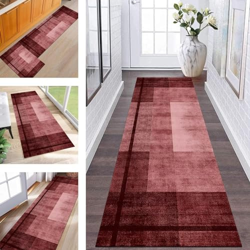 ZESEWU Abstrakte Läufer Flur Küche Waschbar rutschfest Korridor Teppichmatten 90X200CM Rot Lang Küchenteppich Flurteppich Läufer Schlafzimmer Esszimmer Polyester Teppichläufer Meterware Anpassbar
