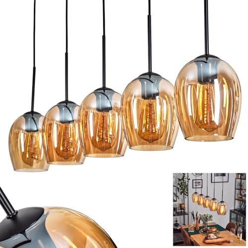 Pendelleuchte Vevino, Pendellampe aus Metall/Glas in Schwarz/Bernsteinfarben, Leuchte im modernen Retro/Vintage-Design mit Schirmen aus Glas (Ø 15 cm), Höhe max. 150 cm, 5 x E27, ohne Leuchtmittel