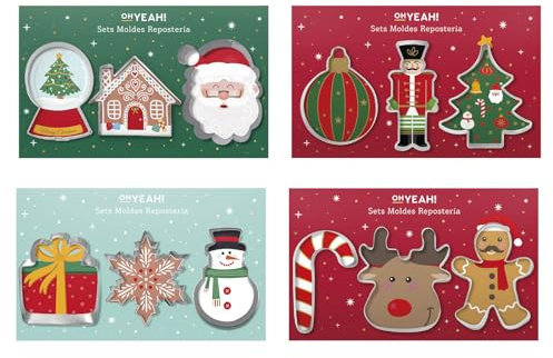 OH YEAH - Pack 4 Paquetes Moldes Galletas Navidad - Kit 12 Cortadores de Galletas - Repostería - Cortapastas - Acero Inoxidable