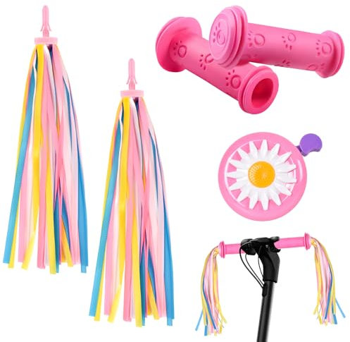 Zimoer Accesorios para bicicletas: 1 par de mangos, 1 par de bobinas, timbre y borlas de manillar de colores, asas para niños y niñas