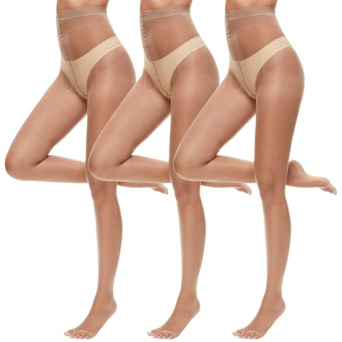 Aaronano 3 Pairs Toeless Pantyhose Tights for Women 10D Control Top Open Toe Pantyhose Sheer Tights 3 Natural S