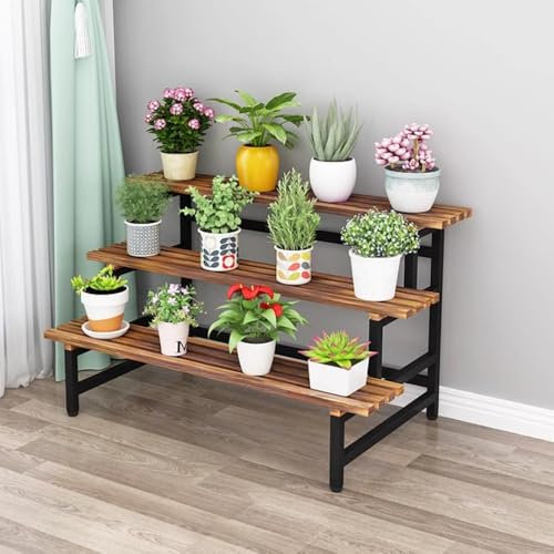 KADEUX Étagère À Plantes À 3 Étages en Bois Escalier pour Plantes, Support Plantes Autoportant, Support De Fleurs pour Terrasse Porte Plante Angle avec Structure en Métal(Black Frame,120cm)