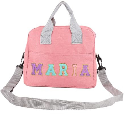 Aina Lighting Lonchera personalizada para niñas y mujeres, bolsa de almuerzo con parche de letras de chenilla, bolsa de almuerzo aislada con nombre personalizado con correa ajustable para el hombro
