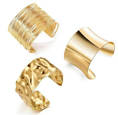 Abiotp 3PCS Gold Chunky Cuff Bracelets for Women Irregular Minimalist Statement Bangle Bracelets Set Open Wide Bangle Arm Cuff Upper Arm Punk Jewelry
