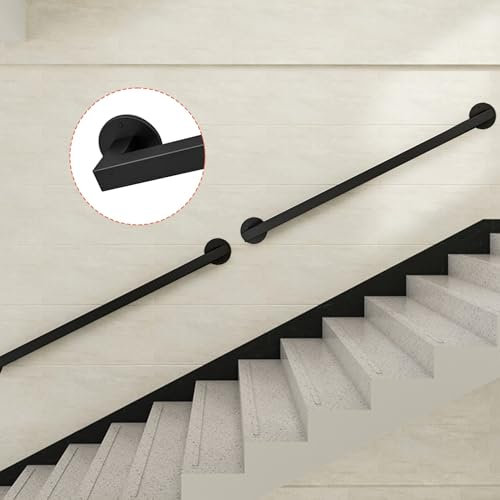 Whnoorher Schwarzer Metallhandlauf für Treppen, moderner quadratischer Haltegriff mit Wandstütze aus Metallschmiedeeisen, unterstützendes Treppengeländerrohr – Komplettset(100cm)