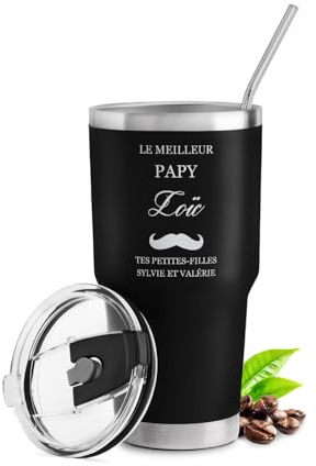Maverton Mug Isotherme Cafe 800 ml, Mug Personnalisable Noir en Acier | Inoxydable avec 2 pailles et brosse de nettoyage, Cadeau Original pour Papy, Cadeau grand pere Meilleur papy