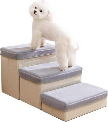 HYQOUKLR Dog Steps Stairs for Bed, 3 Step Detachable Pet Stairs,Folding Dog Steps for High Bed & Couch & Window Sill,Non-Slip Pet Storage Stepper for Puppy