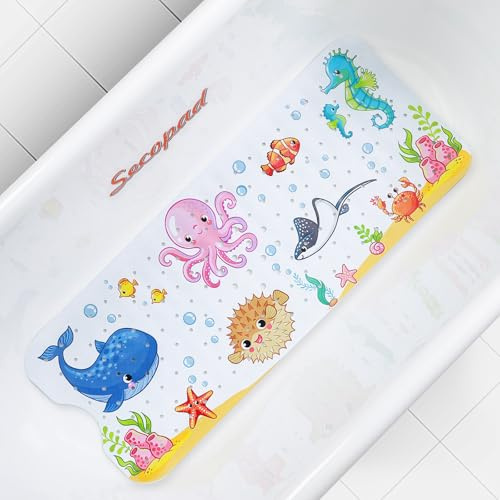 Secopad Tapis de bain pour baignoire antidérapant, lavable en machine - Tapis de douche pour bébé avec motifs de dessin animé, trous de drainage et ventouses pour tout-petits et enfants (101,6 x 40,6