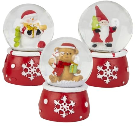 3er Set süße Mini-Schneekugeln | Weihnachtsmann | Schneemann | Weihnachtsbär | mit Dekosockel Weihnachten rot, Durchmesser 45mm | 090-5960abc