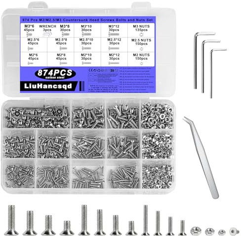 874 Pezzi M2 M2.5 M3 Set di Viti Bulloni e Dadi, Viti a Testa Piatta con Esagono Incassato, Set di Viti Bulloni a Testa Svasata, Dadi e Bulloni a Testa Esagonale con Dadi