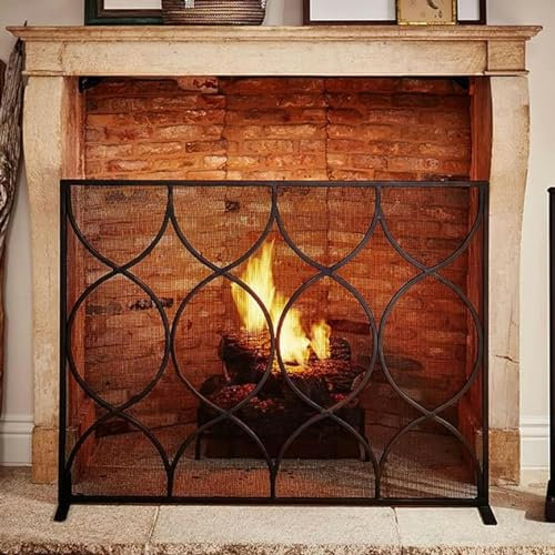 Single Panel/3 Panels Black Fireplace Screen, Fire Spark Guard for Living Room, Chimney Furnace Fireplace Grate, Solid Wrought Iron Fireplace Cover