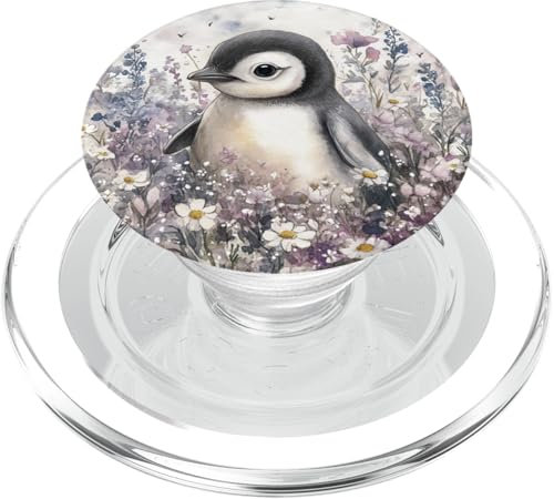 Verspieltes Pinguin-Küken in bunter Wildblumenszene PopSockets PopGrip für MagSafe