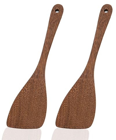 2PCS Bamboo Wood Spatula with Long Handle, Eco Friendly Wooden Cooking Spatulas, Heat Resistant Kitchen Utensils for Stir Fry, Frying Pan, Baking