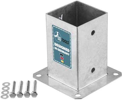 SOTOOLS Bodenhülse, 90 x 90 mm, feuerverzinkt, für Vierkantpfosten | Bodenhülse und Pfostenträger mit Bodenplatte zum Aufschrauben.