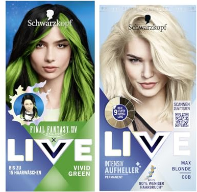 FINAL FANTASY™ XIV Online x LIVE Ultra Brights halvpermanent hårfärg 024 levande grön (80 ml) & Schwarzkopf Live uppljusare max blond 00B (142,5 ml), blondering, anti-gul-nyans