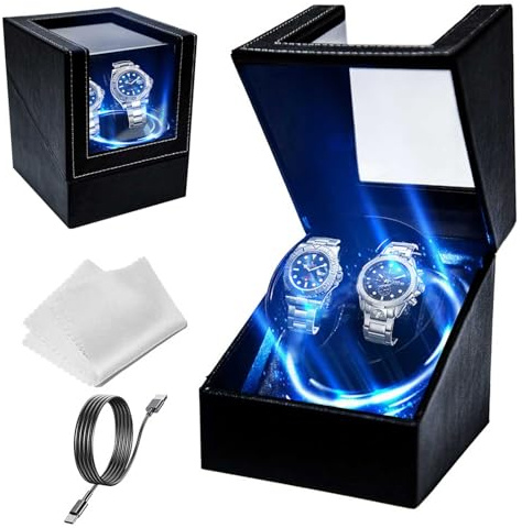Vlocky Double Watch Winder Box with Mute Japanese Motor, LED Light, Automatic Watch Winder for 2 Watches, 5 Rotation Modes, USB Powered (Black)