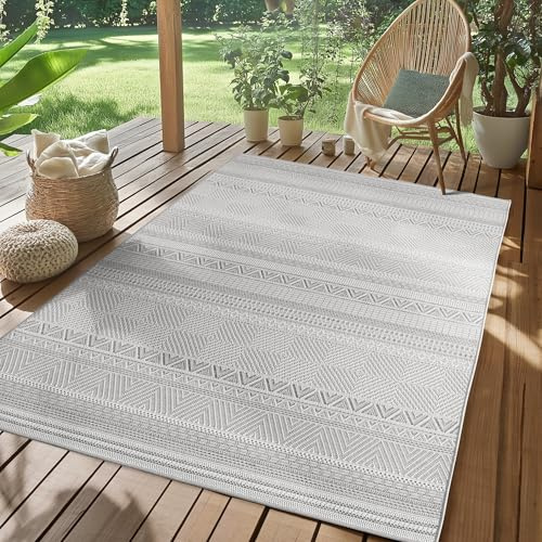 SIMPEX Outdoor Teppich Grau 120x170 cm Wetterfest UV-beständig Pflegeleicht Skandinavisches Boho Design für Küche Balkon Terrasse Garten Wohnzimmer