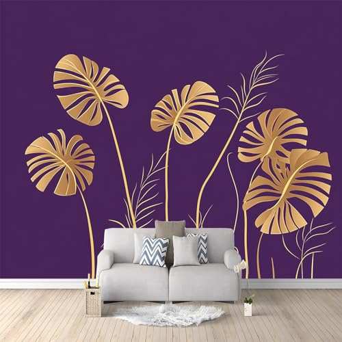 Papier Peint Panoramique Feuilles Golden Monstera Purple 500x280 cm Papier Peint Intissé Mural, Poster Geant Mural 3D, pour Salon Chambre d'enfants restaurant Décoration Murale