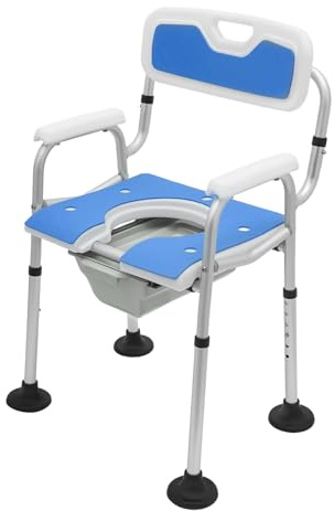 DOPBENT Toilettenstuhl für Senioren, Toilettenstühle mit Armlehnen und Rückenlehne, höhenverstellbar, Tragfähigkeit 150 kg, Toilettenstuhl fahrbar für kranke, ältere, behinderte (Blau)