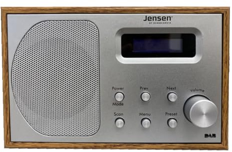 Jensen Fox Wood Mono Radio | Kompaktes, tragbares FM/DAB Küchenradio für Zuhause und Unterwegs mit Wecker Funktion | Holz Design