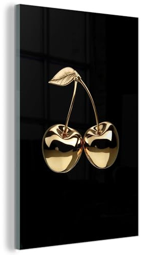 MuchoWow© Tableau en Verre Décoration Murale Moderne pour Chambre Salle | 40x60 cm - Bain Salon Idée Cadeau Image Cerises - Noir - Or - Chrome