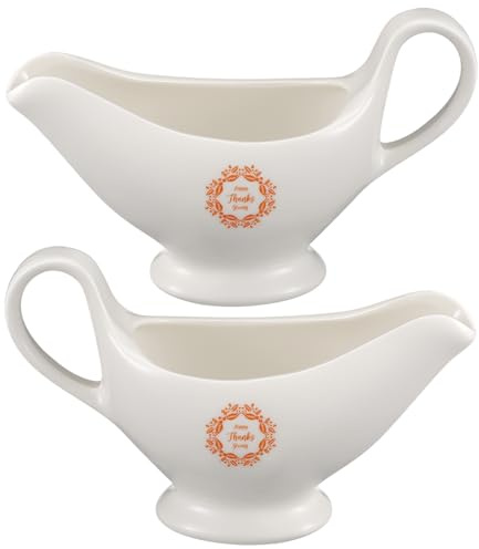 Bokon 2 Pack Thanksgiving White Gravy Boat 8 oz Sauce Boat White Ceramic Sauce Jug with Smooth Handle Creamer Pitcher for Salad Dressing Milk Broth Microwave Dishwasher Safe for Festive Gatherings