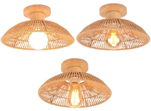iDEGU 3 Stück Deckenleuchten 30cm Kronleuchter Boho Design Retro Deckenlampe Lampenschirm aus Rattan und Holz E27 Beleuchtung Dekoration Vintage Lampe für Wohnzimmer, Flur, Esszimmer (Rattan Braun)