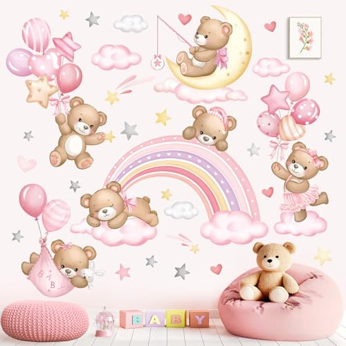 wondever Adesivi Murali Orso Arcobaleno Rosa Adesivi Parete Palloncini | Sticker da Muro Autoadesivo, Stacca e Attacca, Rimovibile, Decorazioni per Asilo Nido Camerette Bambini Camera da Letto