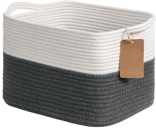 TIMEYARD Gewebter Aufbewahrungskorb für Regale, Körbe zum Ordnen, Baumwollseilkörbe mit Griffen, rechteckiger Korb zur Aufbewahrung von Babyspielzeug, 33 x 25,4 x 22,9 cm, weiß und dunkelgrau