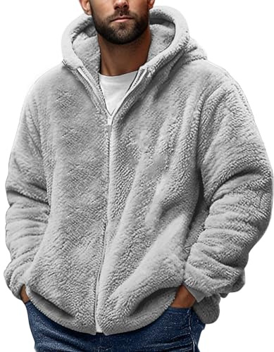 Mens Teddy Fleece Hoodies Full Zip Warm Sherpa Fleece Soft Fluffy Hooded Sweat Jackets Casual Comfy Thermal Thick Fall Winter Coats mens sherpa lined zip hoodie Gray L