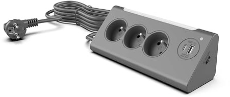 Multiprise d'angle Northpoint à 3 Prises avec veilleuse et capteur crépusculaire, Sorties USB et USB-C, Longueur de câble 140 cm (Gris)