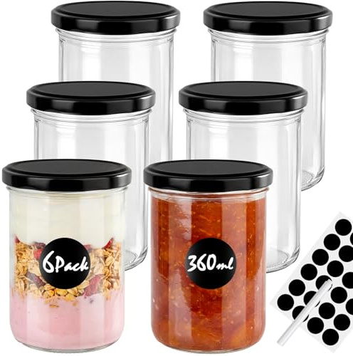 Otauoaea 6 Stück Marmeladengläser 360ml, Einmachgläser mit Schraubdeckel, Schraubgläser mit Etiketten & Stift, Spülmaschinenfest, Luftdicht, Gläser mit Deckel für Marmelade, Eingemachtes, Gewürze