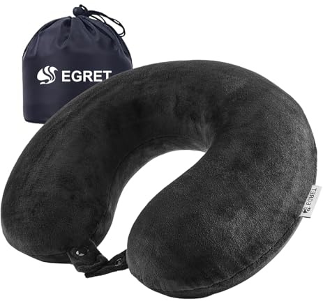 EGRET Memory Foam Nackenhörnchen für Reisen – Ergonomische Unterstützung für Kopf, Nacken & Kinn – Super Leichtes Nackenkissen für Flugzeug, Auto, Büro mit Aufbewahrungsbeutel (Schwarz)