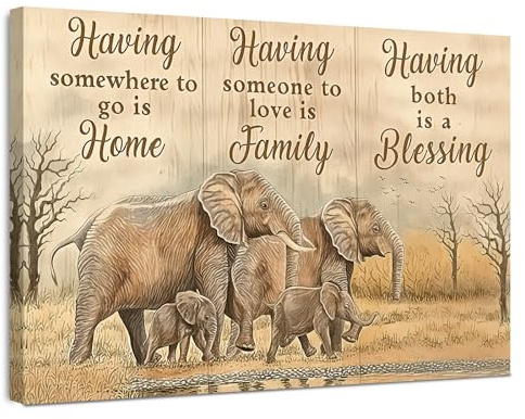 Immagine da parete vintage con cornice 30×40 cm – la famiglia di elefanti su tela per soggiorno, camera da letto, cucina, ufficio – Immagini ispiratrici incl. ganci, chiodi e fissaggio magico con