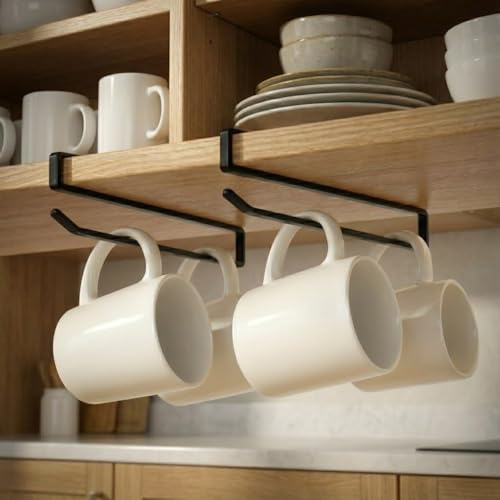 Under Cabinet Paper Towel Holder, Black Carbon Steel, Kitchen Storage Rack for Cups and Towels