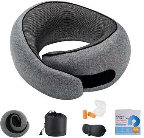 Dreamjoys Neppy Reisekissen–Der ergonomische Travel-Pillow für erholsamen Schlaf auf Reisen im Flugzeug,Bahn & Auto.Mit 360° Nackenstütze,3D-Augenmaske&Ohrstöpseln. Komprimierbar&platzsparend (Grau2)