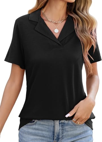 HEEKPEK Camicia Donna Elegante Blusa Estiva Polo Shirt Manica Corta Scollo a V Casual Lavoro Camicetta Classico con Revers Maglietta Estive T Shirt Moda Tinta Unita Maglia Top(Nero,L)