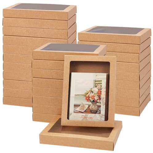 BENECREAT 30 Scatola Portaoggetti per Biglietti D'Auguri, Scatola di Carta Kraft Da 18.7x13.6x2.6cm con Finestra Trasparente per Busta, Cornice Portafoto, Cammello