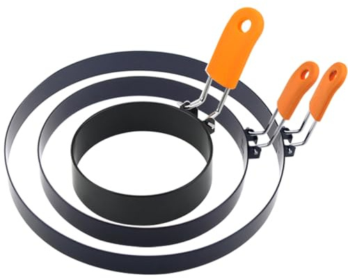 GARVALON Anillos para Freír Huevos Antiadherentes de Acero Inoxidable Mango de Silicona Naranja, Set de 3 Tamaños (10 Cm, 15 Cm y 20 Cm) para Desayuno y Cocina Casera