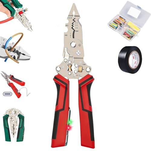 16 in 1 Wire Stripper Twister for Cutting and Pulling Wires, with LED and Audible Voltage Tester, Cutter Stripper Crimper and Built-in Twister for Electricians and DIY (1Pcs Red)
