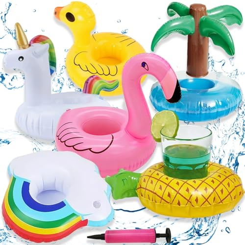 6 STK Aufblasbare Getränkehalter Pool Schwimmender Getränkehalter Schwimmend Bierhalter Pool Schwimmender Getränke Halter mit Luftpumpe, Flamingo Palme Pool Party Deko, Sommer Gadgets für Whirlpool