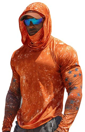 UPF 50 Men's Hoodie Uv Protection Fishing Shirts Long Sleeve Muscle Fit Hooded Shirts Built-in Mask Quick Dry Breathable Summer Casual Vented Fishing Surfing Summer Tops