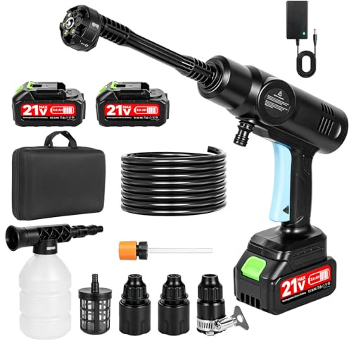 Idropulitrice a batteria 21V, 80Bar/1160PSI, 4L/min, ugello 6 in 1 con tubo da 5M e 3 ugelli, pistola idropulitrice a batteria da 2x3,0Ah per auto, terrazza, giardino (con borsa per trasporto aereo)
